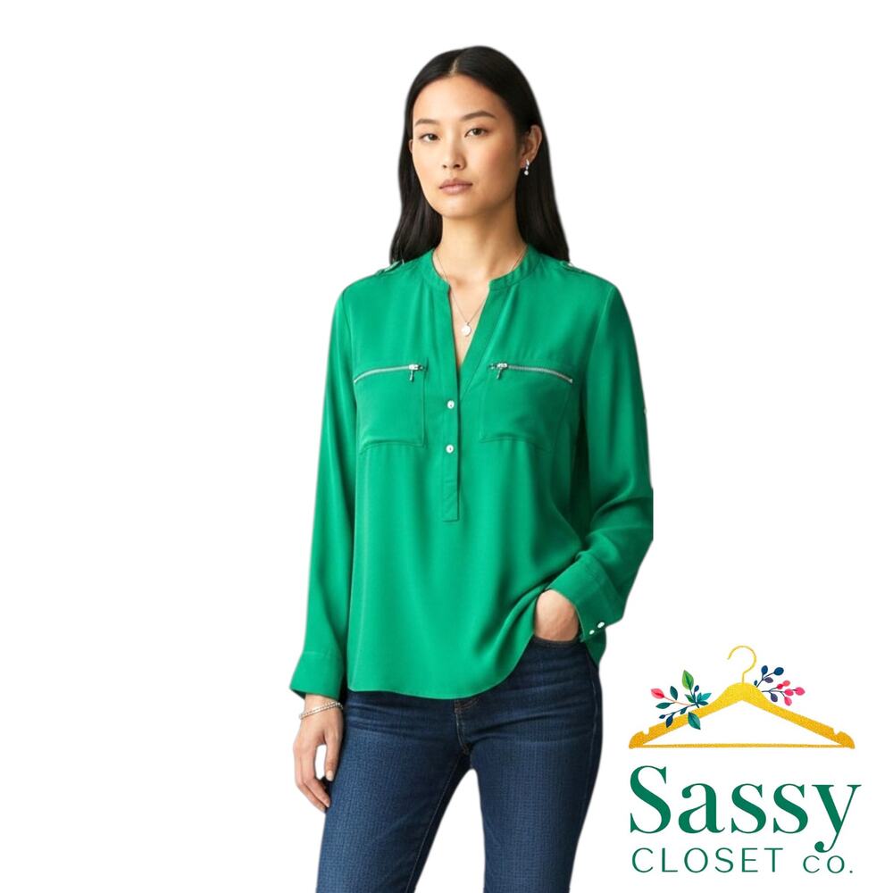 CALVIN KLEIN Kelly Green Zip Pocket Roll Tab Sleeve Blouse M Career EUC
